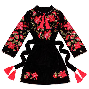 Velvet Embroidered Dress "Magic Peonies"