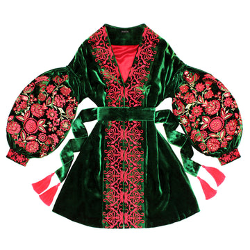 Short Velvet Embroidered Dress "The Miracle Tree" Green