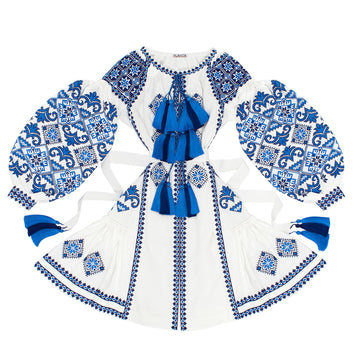 Linen White dress "Spring Beauty" With Wedges With Blue Ornament