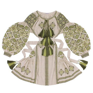 Linen Short Dress “Spring Beauty” With Wedges Of Unbleached Linen