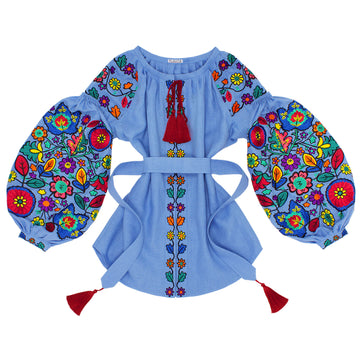 Blue Embroidered Linen Blouse "Bukovyna Flowers"