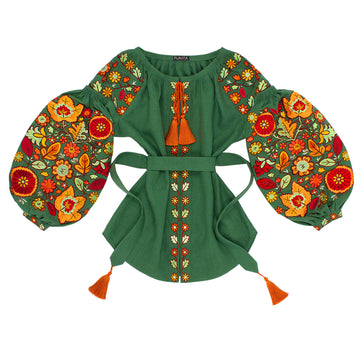 Green Embroidered Linen Blouse "Bukovyna Flowers"