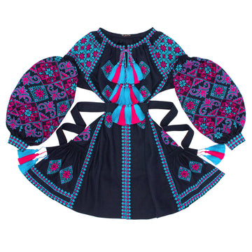 Dark Blue Linen Dress "Spring Beauty" With Traditional Ornament