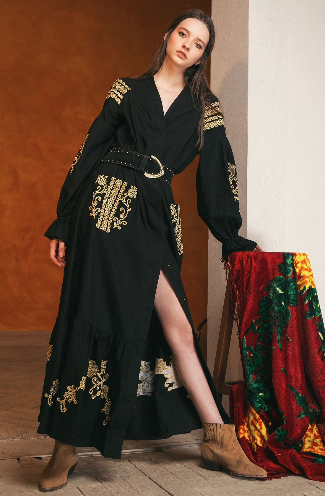 black dress eastern Women's Middle Eastern Style Dress, Solid Color High Neck Long Sleeve Loose Abaya Spring Black
