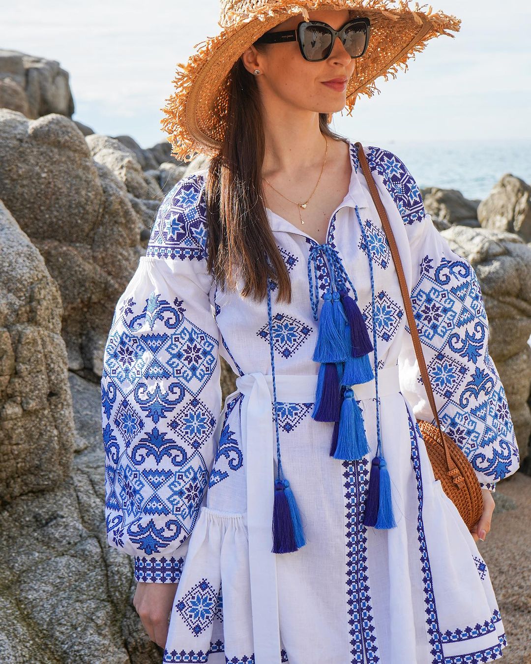 Linen White dress "Spring Beauty" With Wedges With Blue Ornament