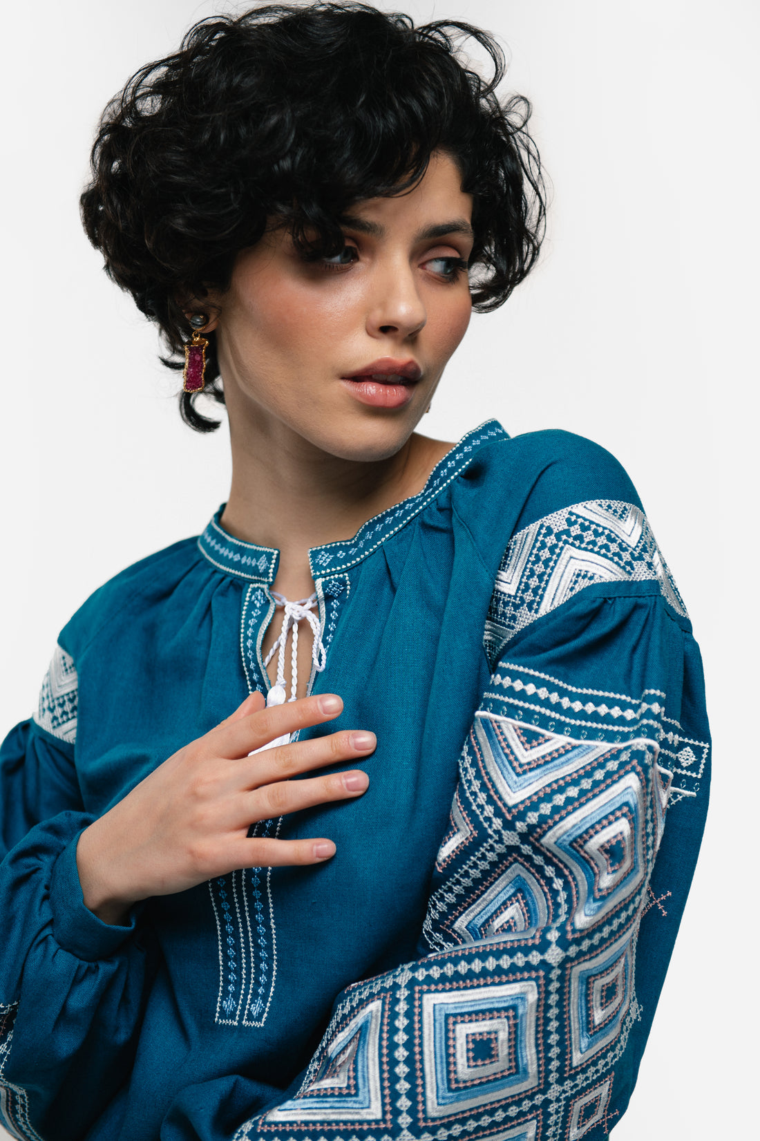 Women's Embroidered Shirt With "Constellation" Ornament In Aquamarine Color