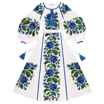 Long Embroidered Dress With Puffy Sleeves "Flower Waterfall"