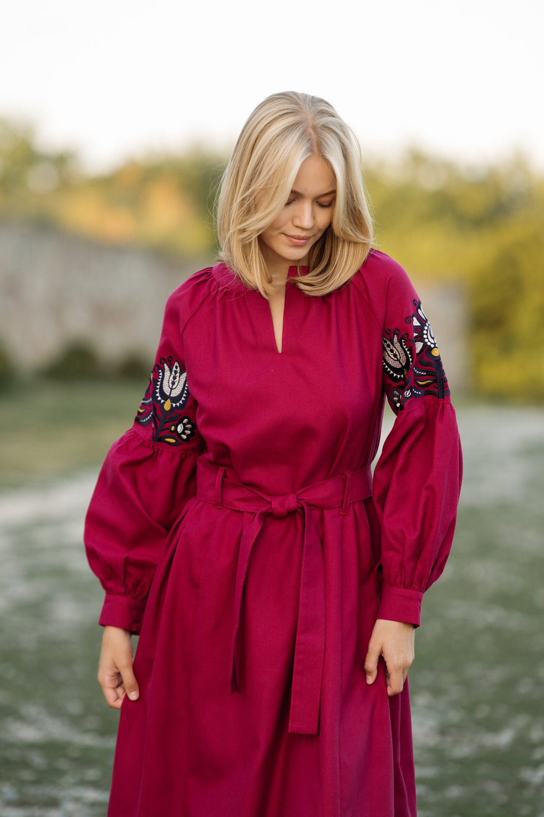 Raspberry Dress With Ethnic Ornament On The Sleeves