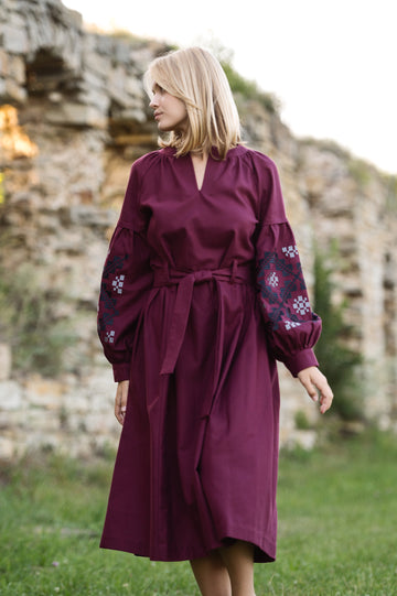 Burgundy Dress With An Embroidered Ornament On The Sleeves