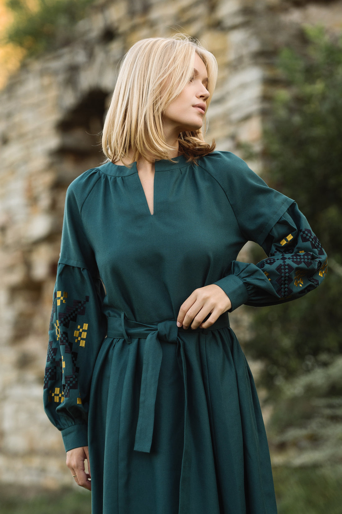 Dress With An Embroidered Geometric Ornament On The Sleeves