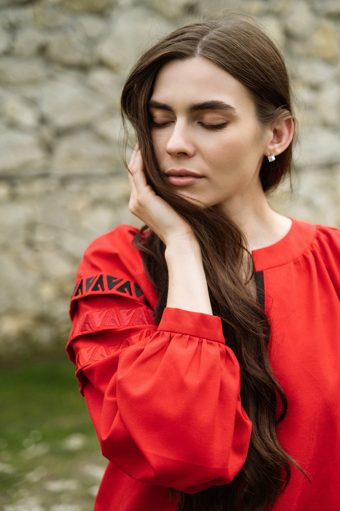 Red Blouse With Embroidery And Decorative Pleats On The Sleeves