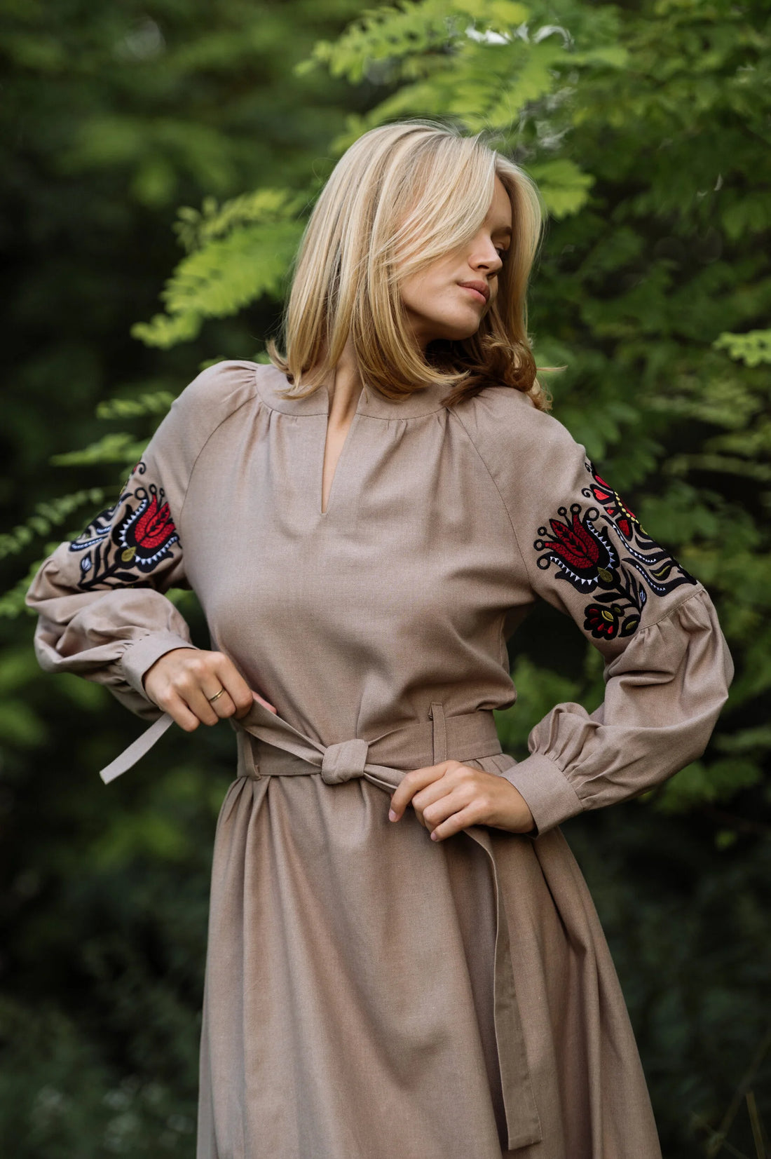 Embroidered Dress With Ethnic Ornament On The Sleeves