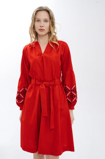 Яскрава коротка сукня з декоративними защіпами та вишитим орнаментом