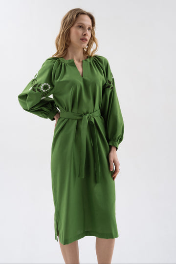 Сукня кольору хакі з квітковою вишивкою