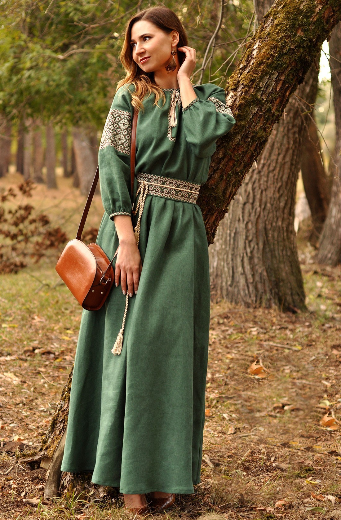 Emerald Dress Made of Linen And Bronze Embroidery XXL-XXXL | 50-52 Emerald Dress Made of Linen And Bronze Embroidery XXL-XXXL | 50-52