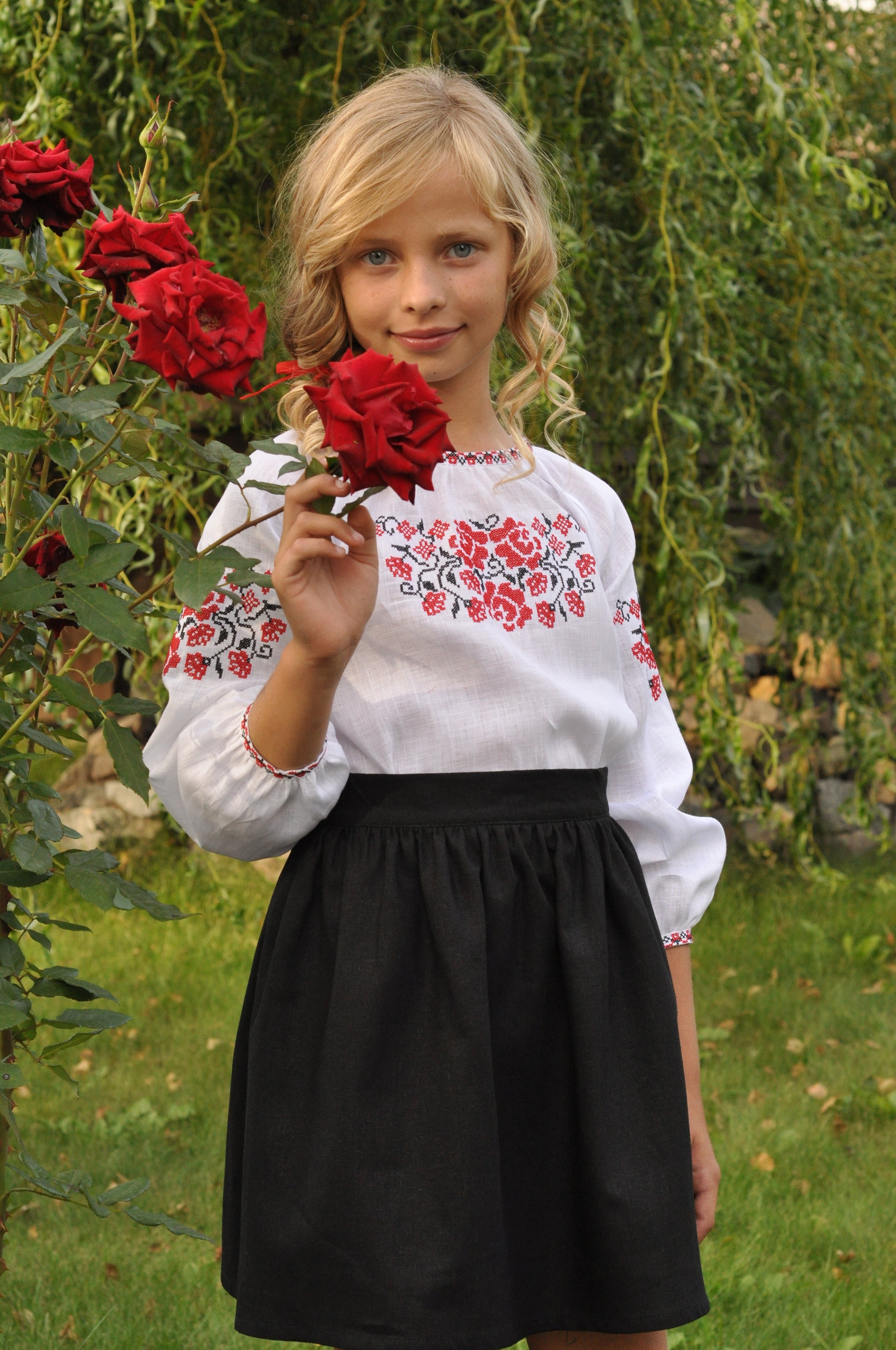 Embroidered Blouse For A Girl With A Red Ornament