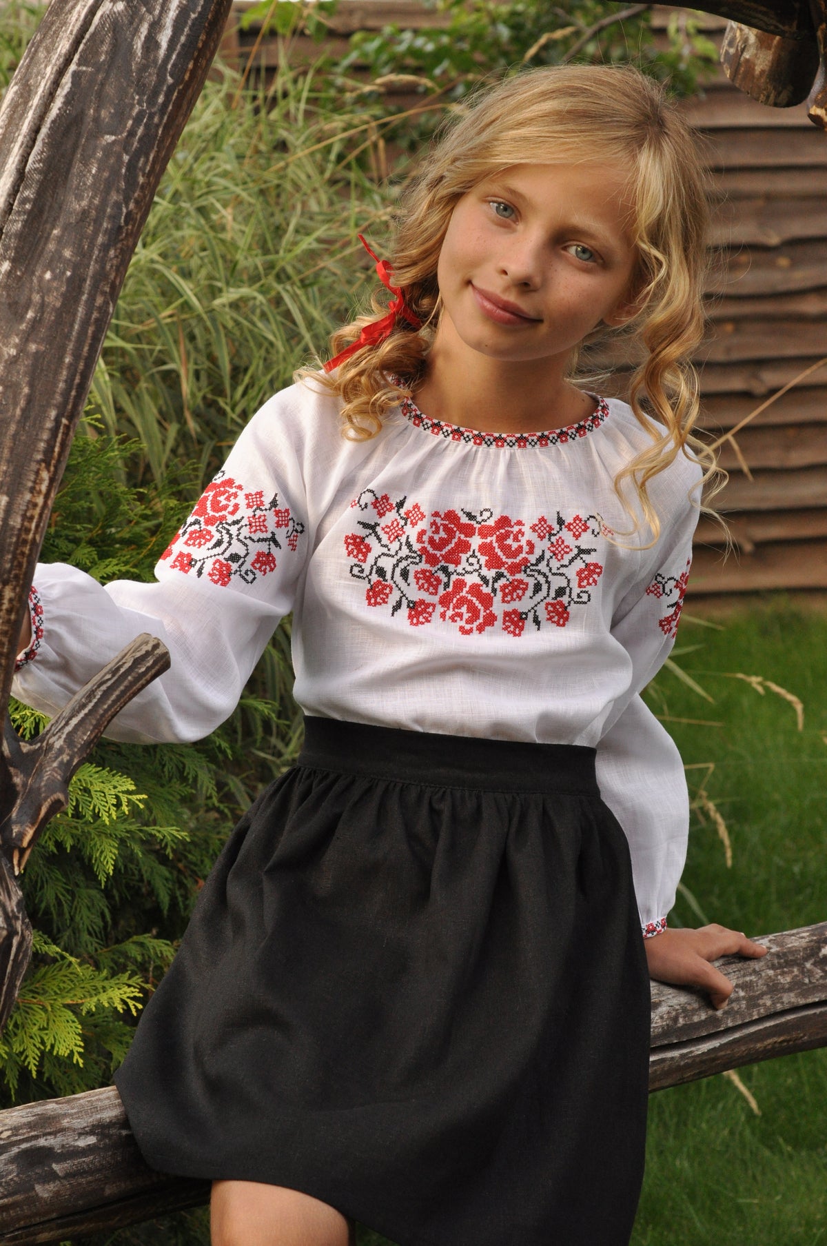 Embroidered Blouse For A Girl With A Red Ornament