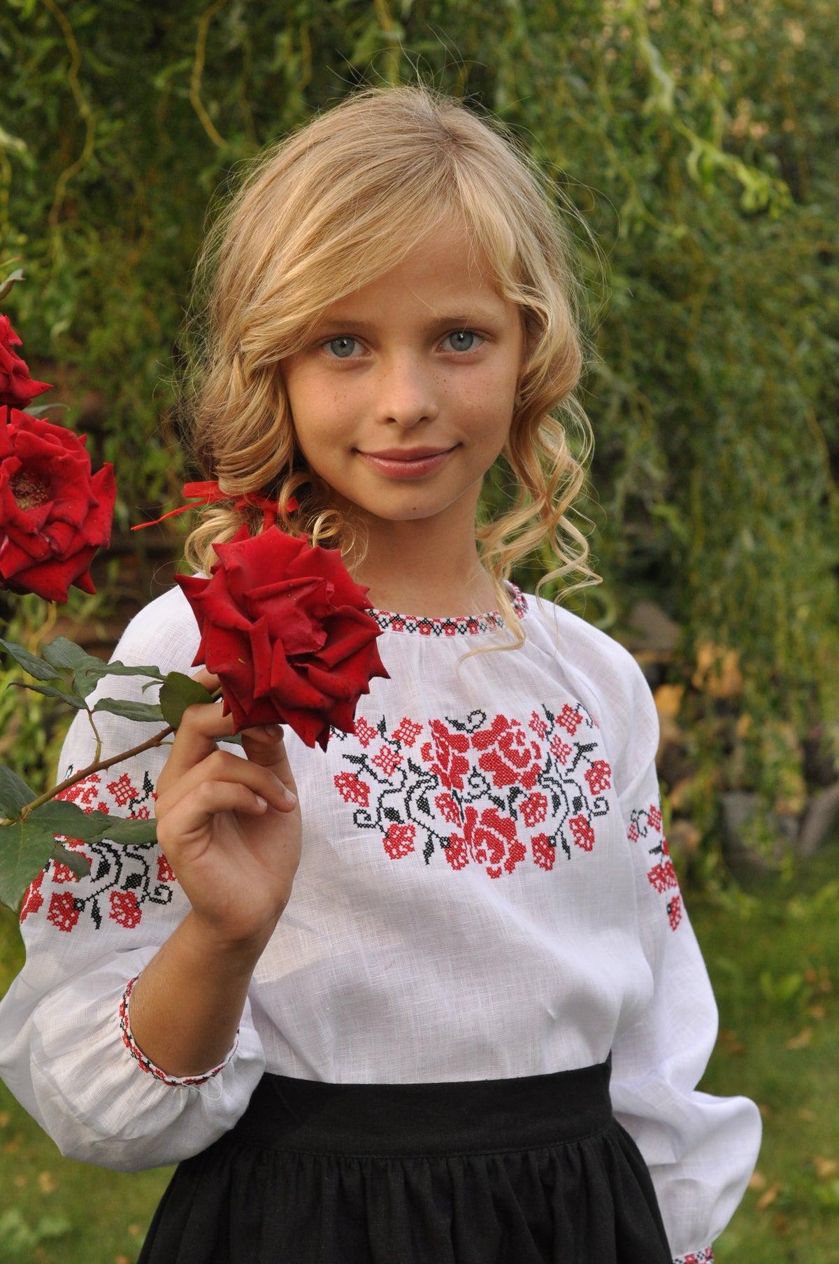Embroidered Blouse For A Girl With A Red Ornament
