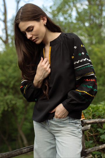 Black Embroidered Shirt With Bright Ethnic Embroidery