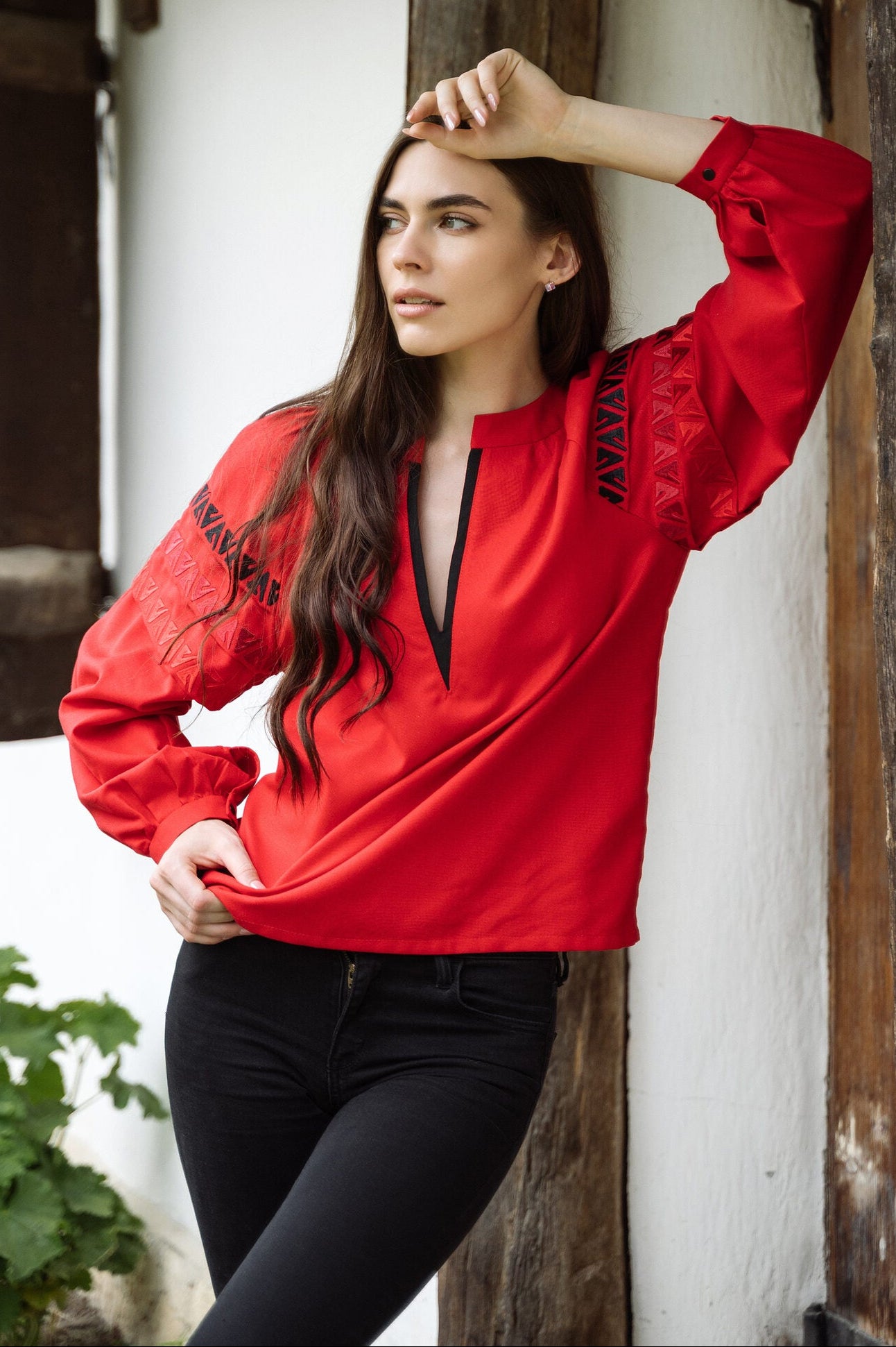 Red Blouse With Embroidery And Decorative Pleats On The Sleeves