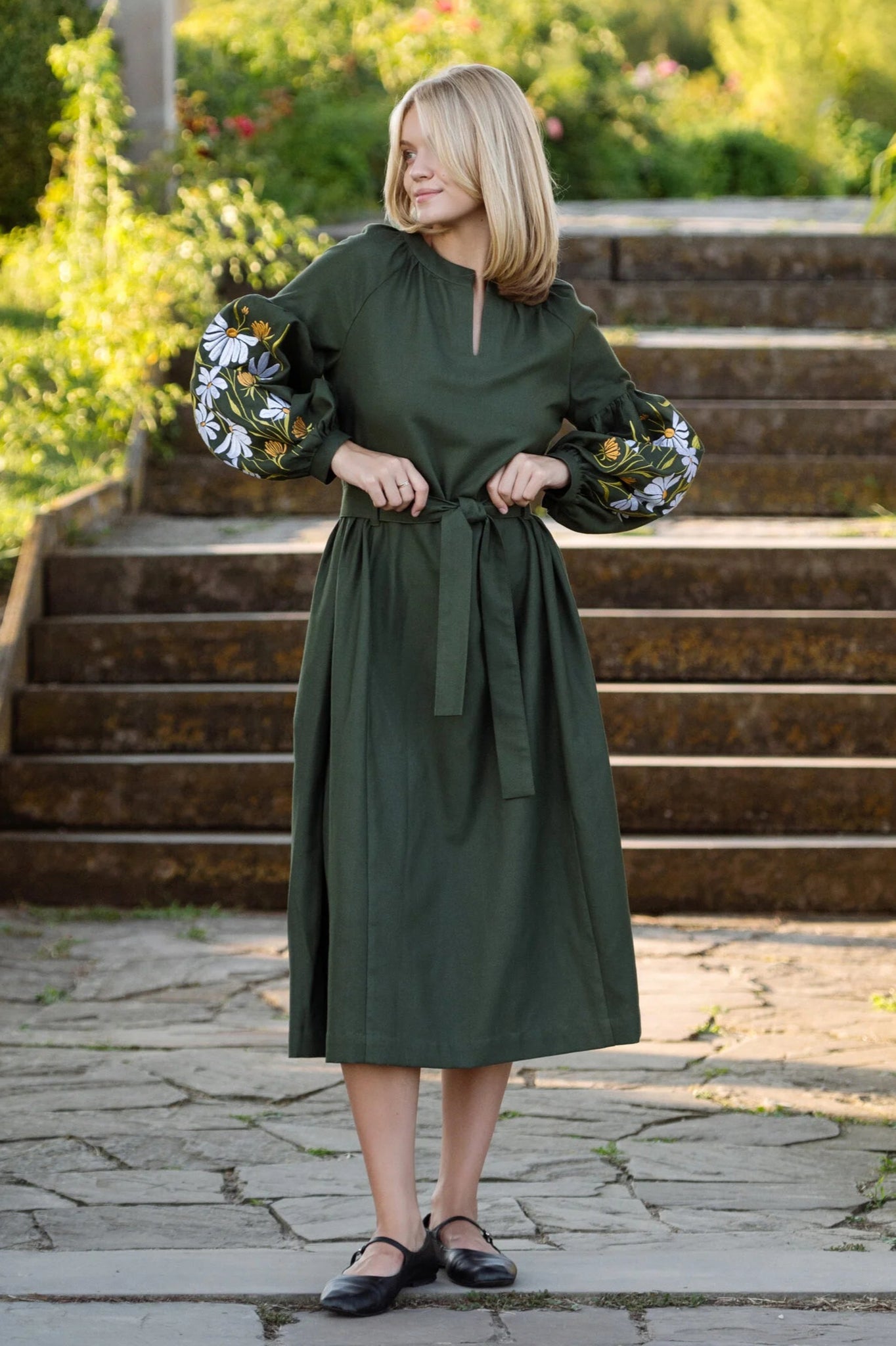 Flower Embroidered Khaki Dress