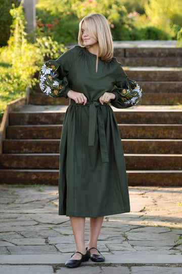 Flower Embroidered Khaki Dress