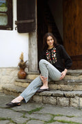 Black Blouse With Delicate Pastel Embroidery And Decorative Buttons Ornament