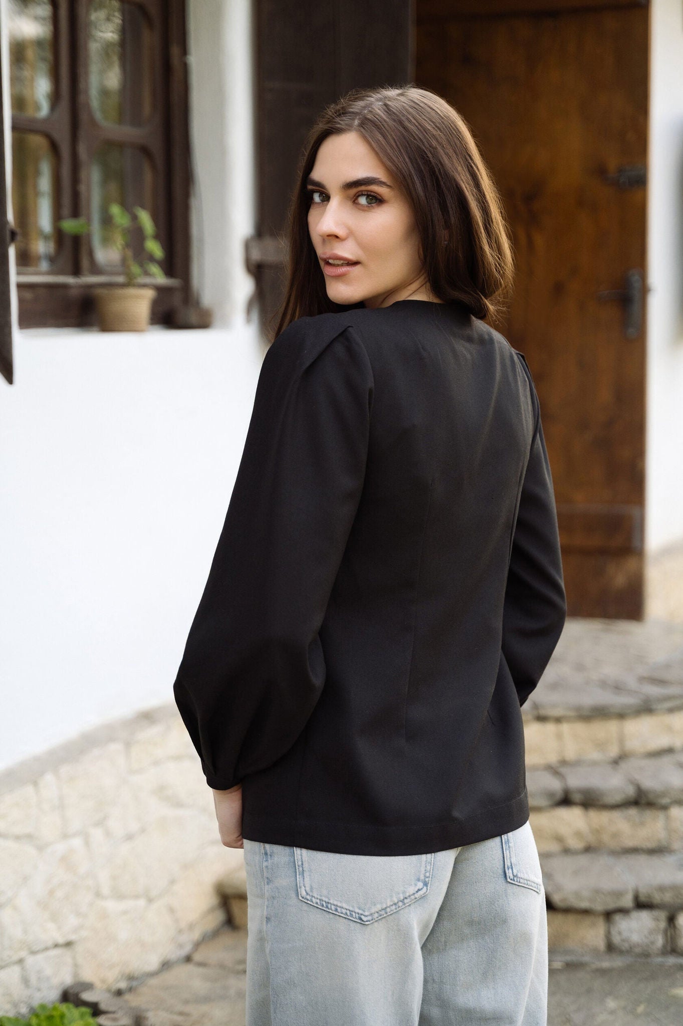 Black Blouse With Delicate Pastel Embroidery And Decorative Buttons Ornament