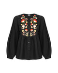Black Blouse With Delicate Pastel Embroidery And Decorative Buttons Ornament