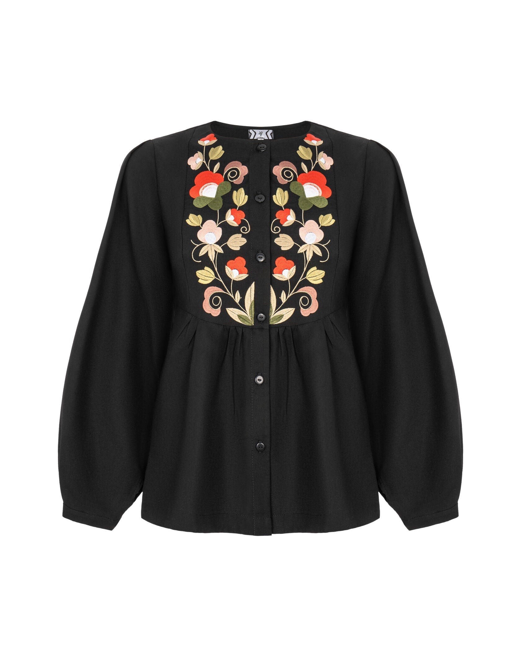 Black Blouse With Delicate Pastel Embroidery And Decorative Buttons Ornament