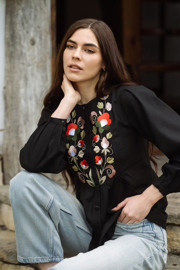 Black Blouse With Delicate Pastel Embroidery And Decorative Buttons Ornament