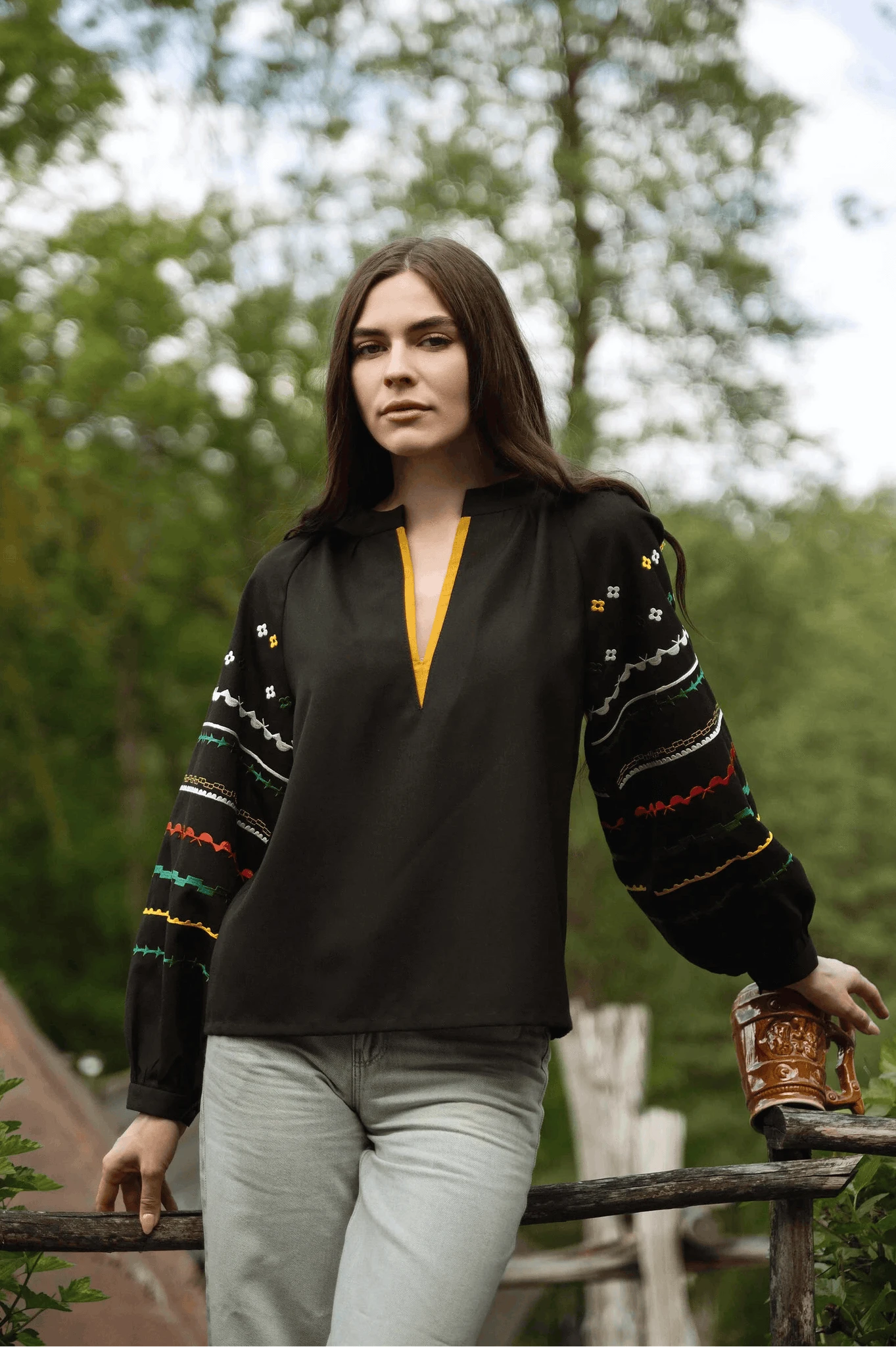Black Embroidered Shirt With Bright Ethnic Embroidery Ornament