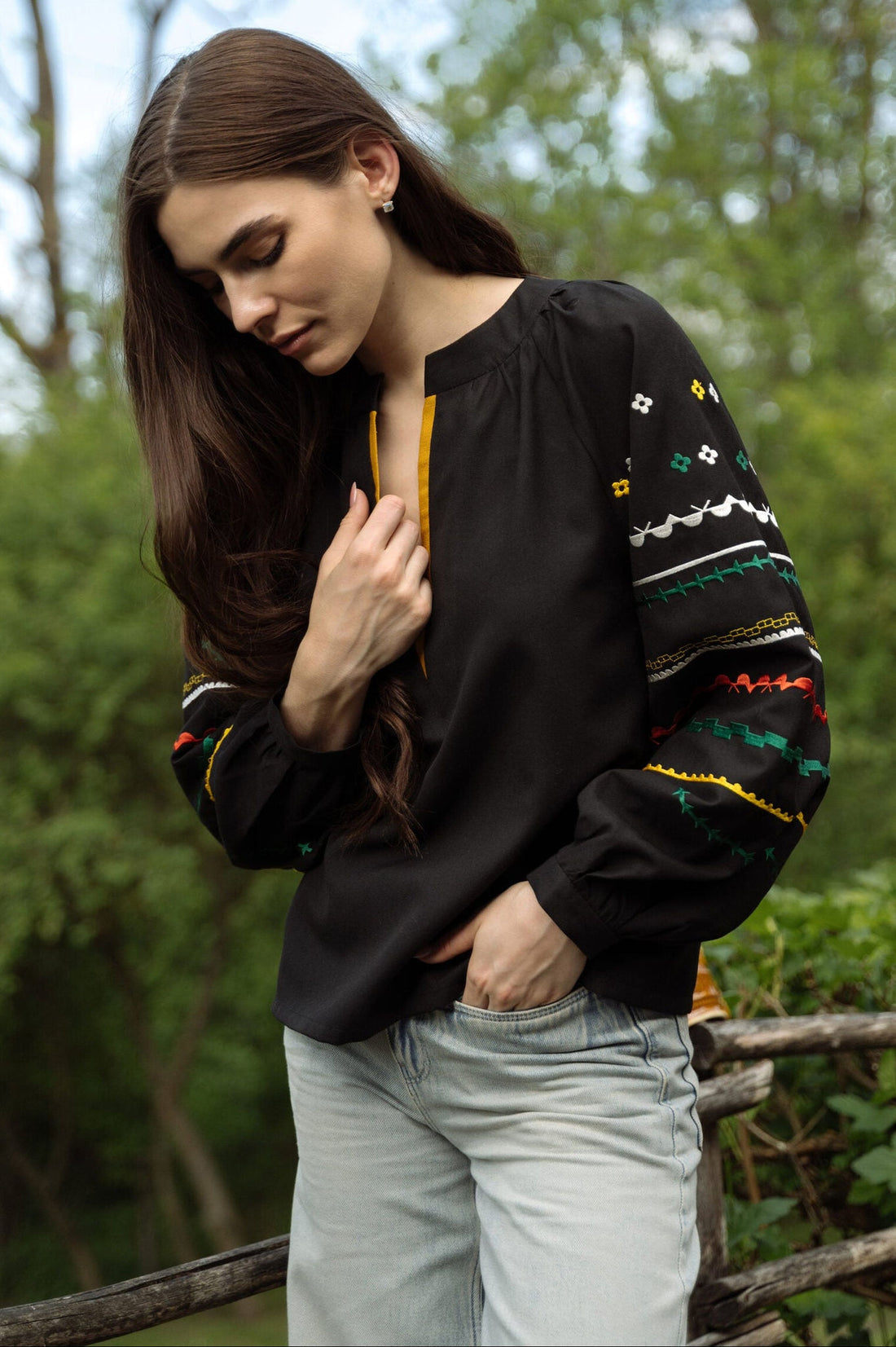 Black Embroidered Shirt With Bright Ethnic Embroidery Ornament