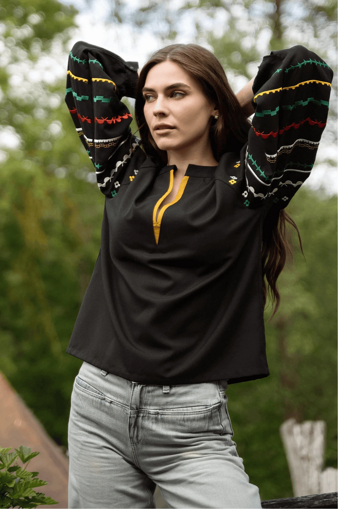 Black Embroidered Shirt With Bright Ethnic Embroidery Ornament
