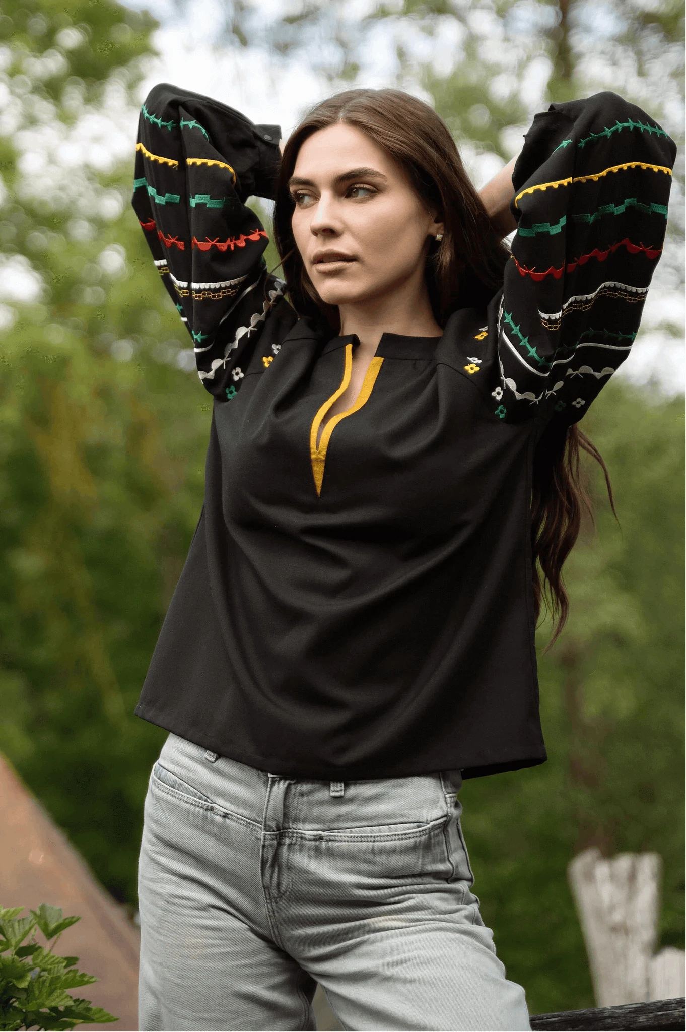Black Embroidered Shirt With Bright Ethnic Embroidery Ornament