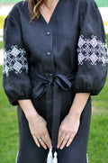 Black Linen Wrap Dress with White and Gray Embroidery Ornament