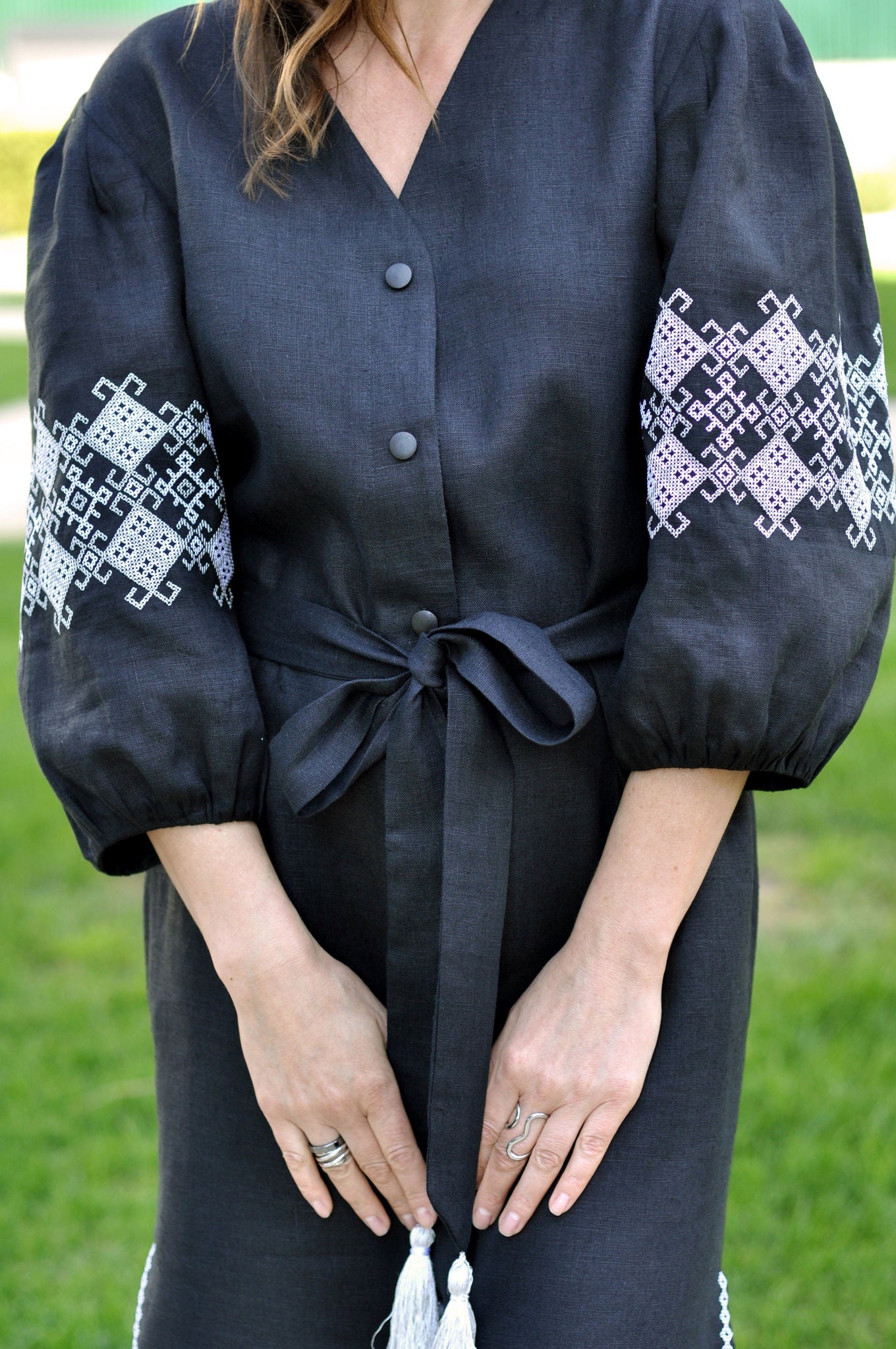 Black Linen Wrap Dress with White and Gray Embroidery Ornament