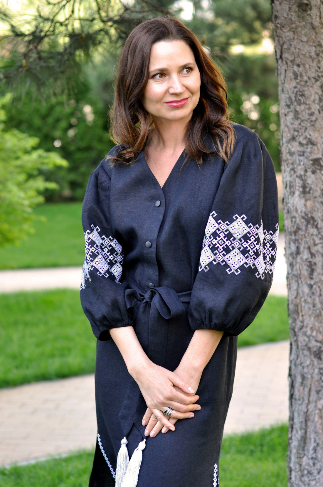 Black Linen Wrap Dress with White and Gray Embroidery Ornament