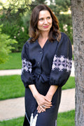 Black Linen Wrap Dress with White and Gray Embroidery Ornament