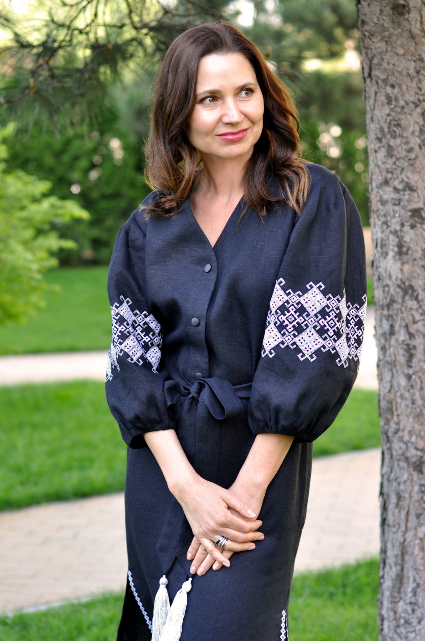 Black Linen Wrap Dress with White and Gray Embroidery Ornament