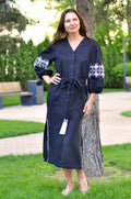 Black Linen Wrap Dress with White and Gray Embroidery Ornament