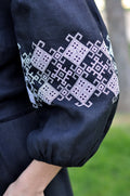 Black Linen Wrap Dress with White and Gray Embroidery Ornament