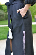 Black Linen Wrap Dress with White and Gray Embroidery Ornament