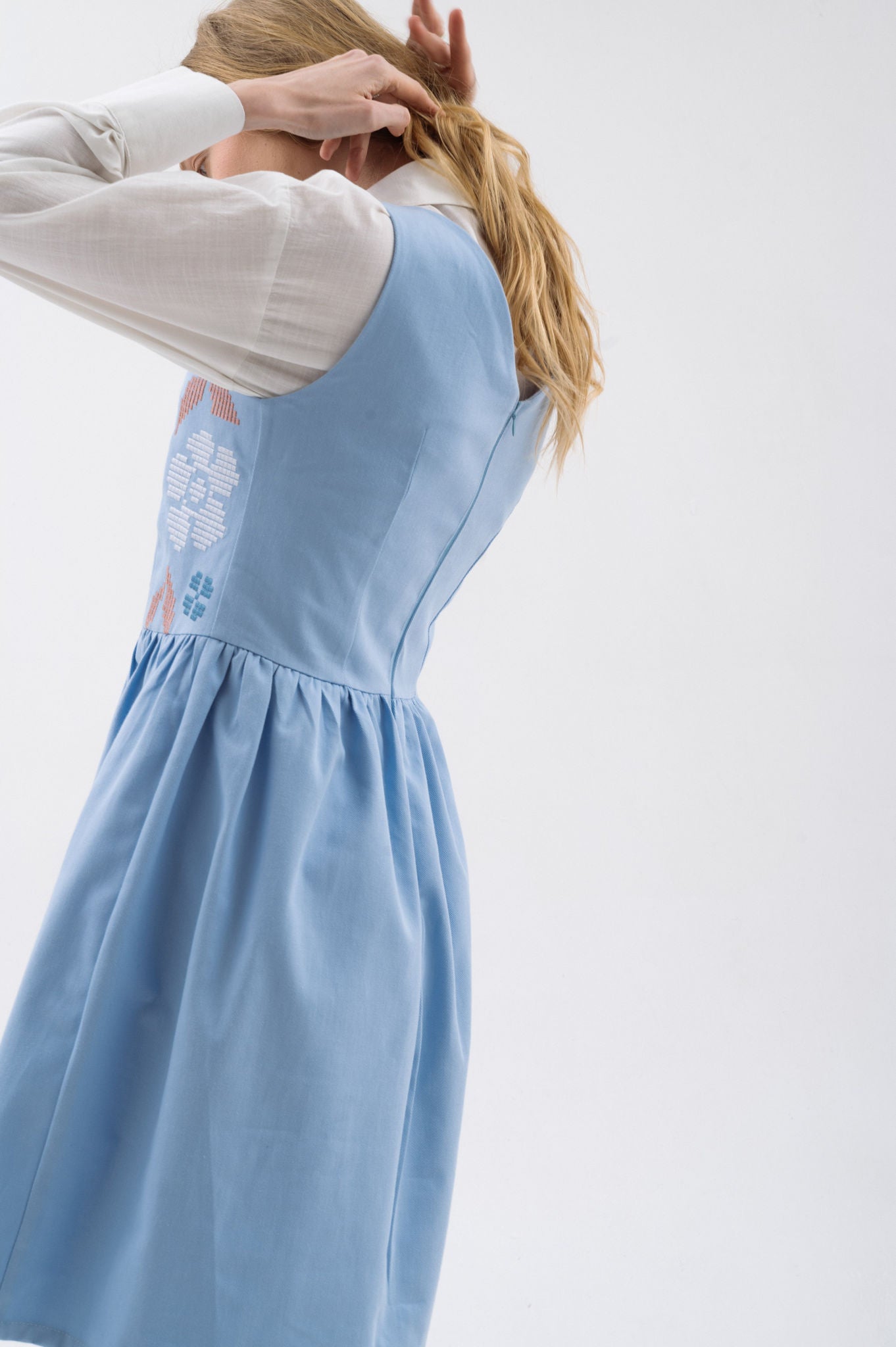 Blue Sundress With Floral Embroidery Ornament