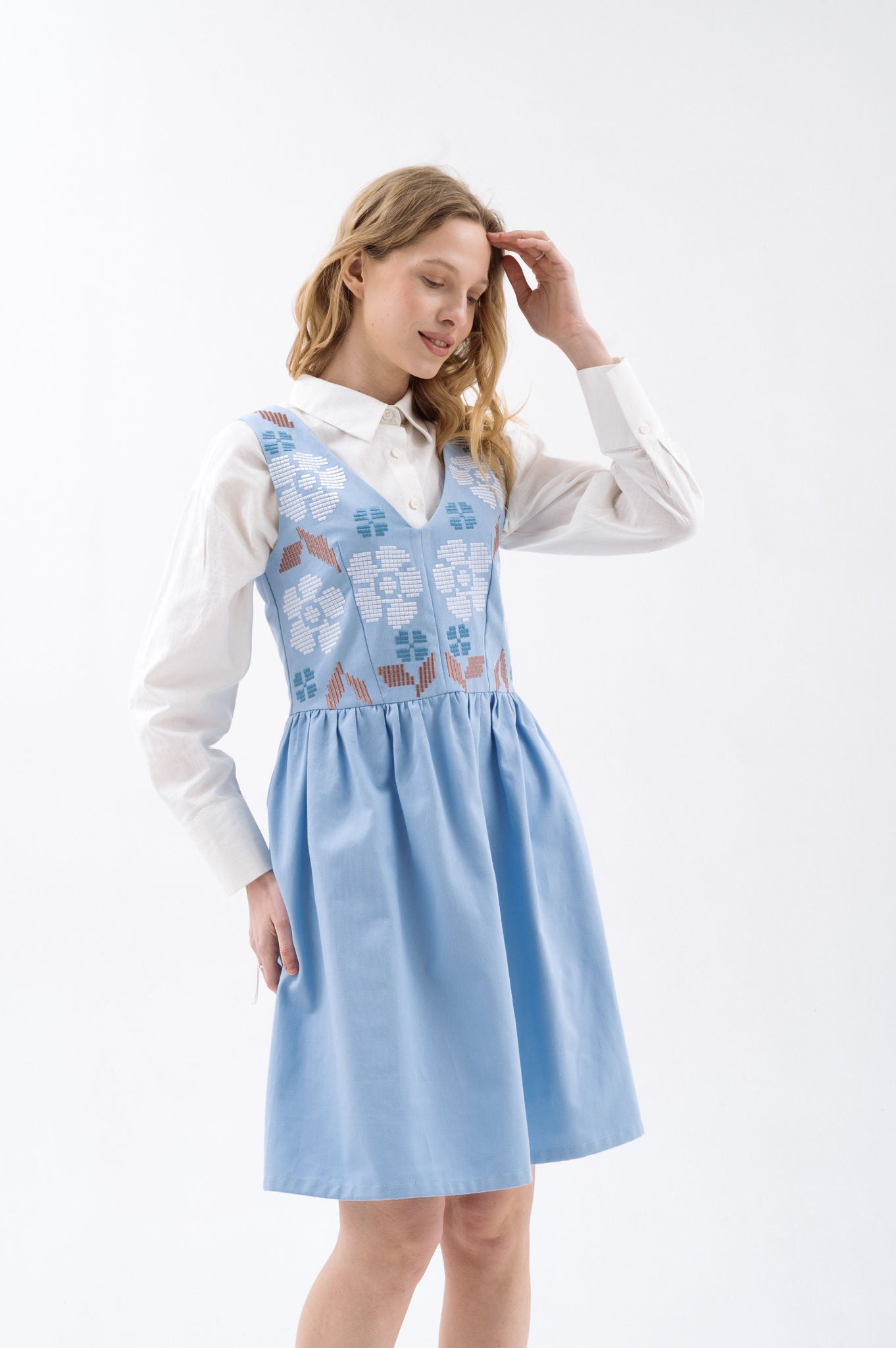 Blue Sundress With Floral Embroidery Ornament