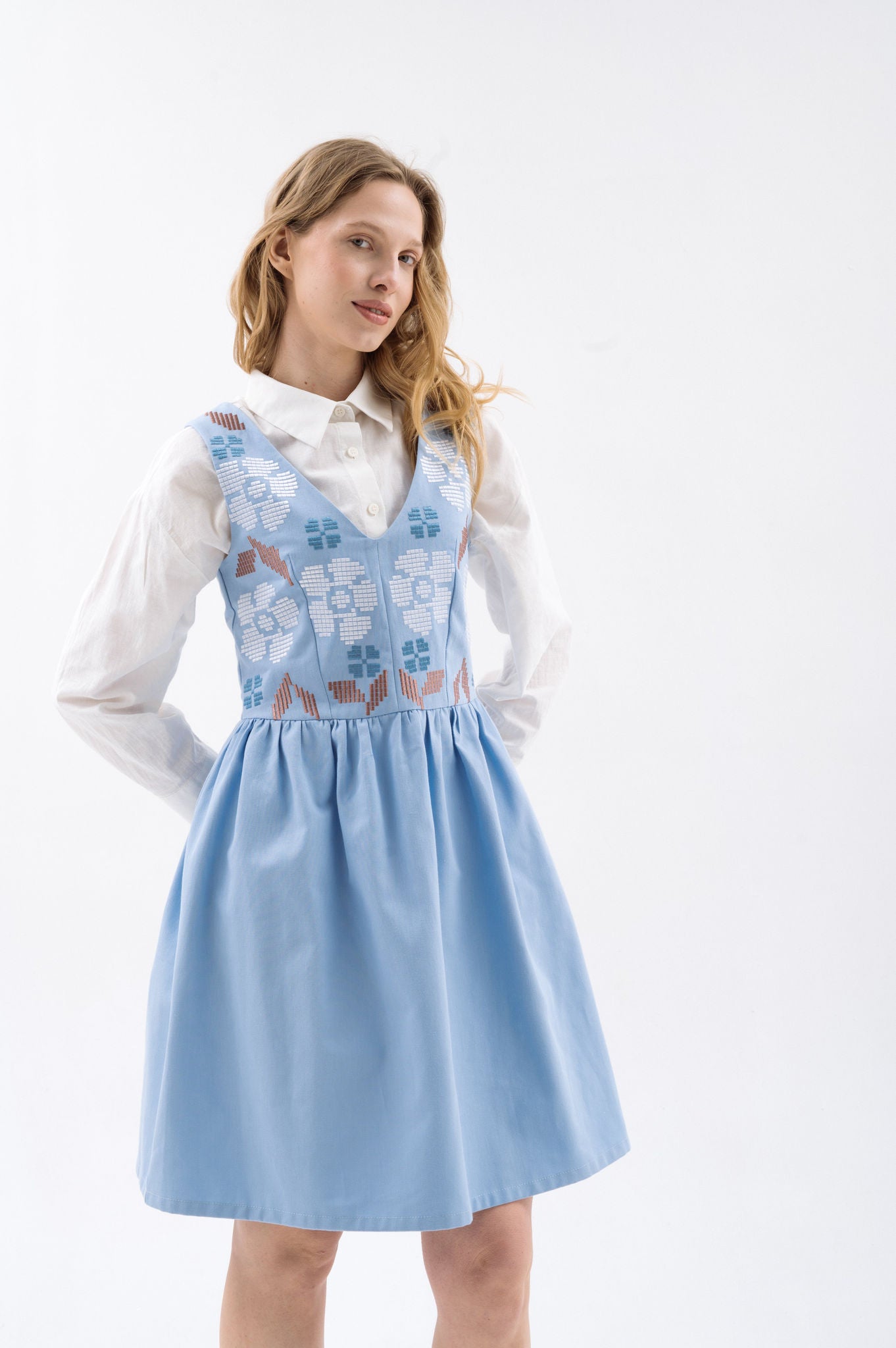 Blue Sundress With Floral Embroidery Ornament