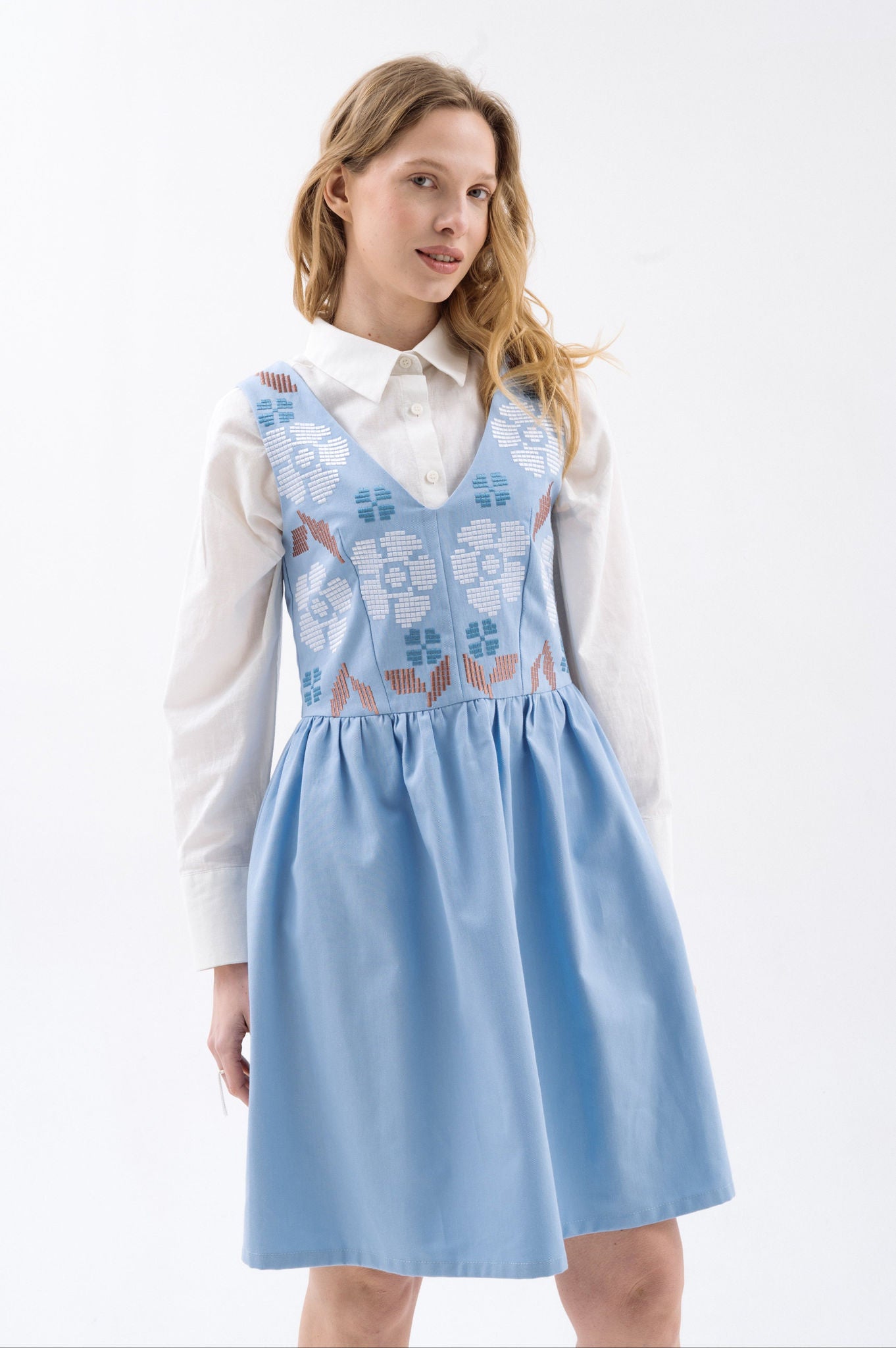Blue Sundress With Floral Embroidery Ornament