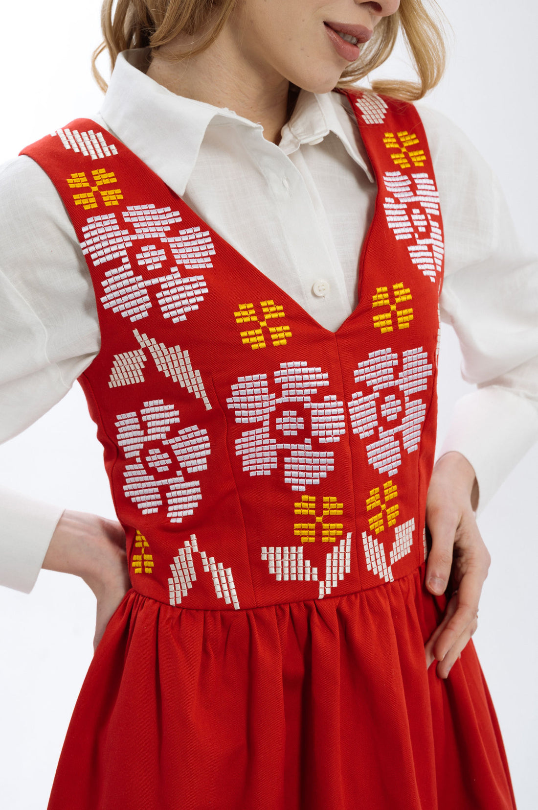 Bright Red Sundress With Floral Pattern Ornament