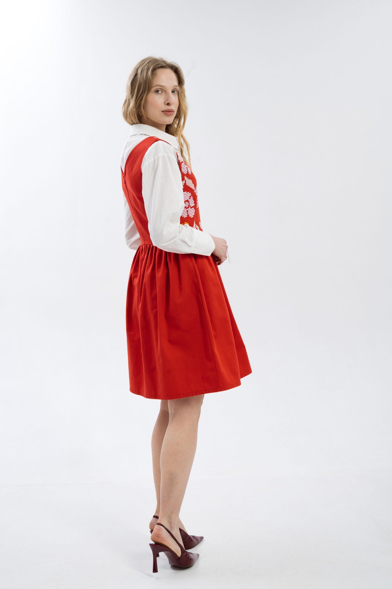 Bright Red Sundress With Floral Pattern Ornament