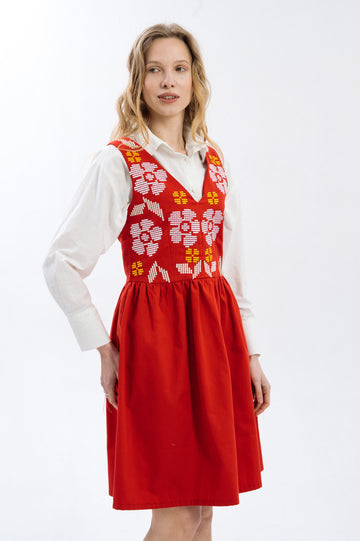 Bright Red Sundress With Floral Pattern Ornament